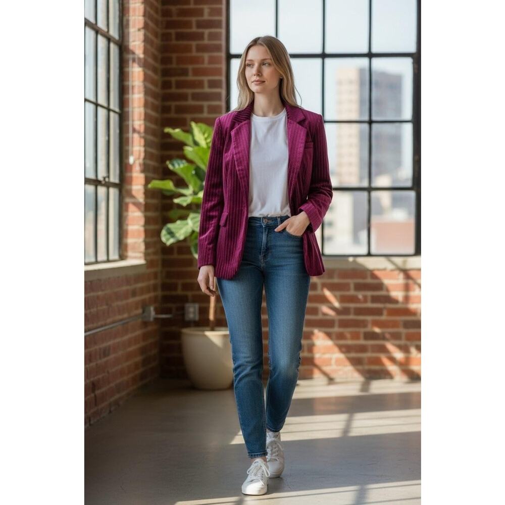 Leith Blazer Jacket Womens Small Purple Velvet Pinstripe Lined Stretch Pockets